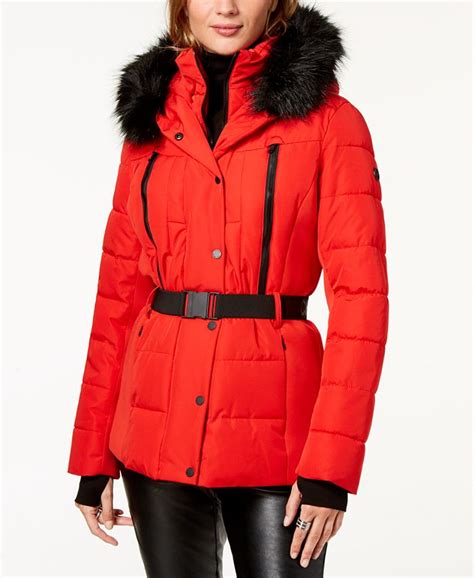 belted faux-fur-trim puffer coat michael kors